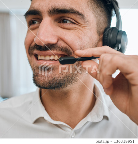 Call center, man or face of happy consultant for customer service, business support or CRM communication. Salesman, agent and smile with microphone for telemarketing, telecom contact or FAQ questions 136319951