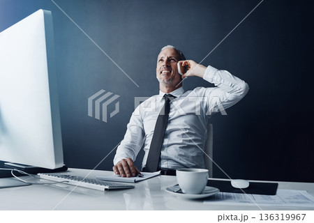 Phone call, communication and business man in office for conversation, speaking and talking. Networking, corporate worker and happy male person on smartphone for discussion, chatting and contact Phone call, communication and business man in office for conversation, speaking and talking. Networking, corporate worker and happy male person on smartphone for discussion, chatting and contact 136319967
