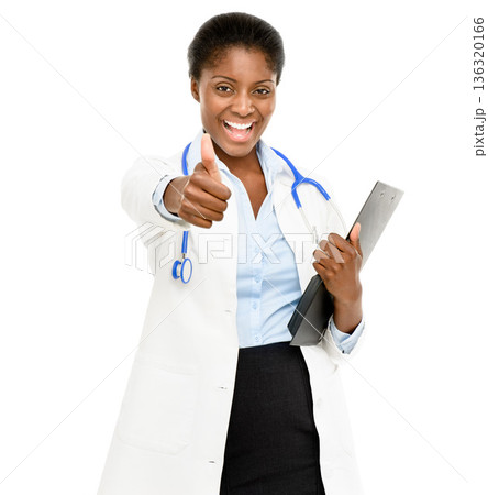 Thank you, woman doctor with thumbs up and against a white background for motivation. Congratulations or feedback, review or success and portrait of female surgeon with hand emoji gesture for vote 136320166