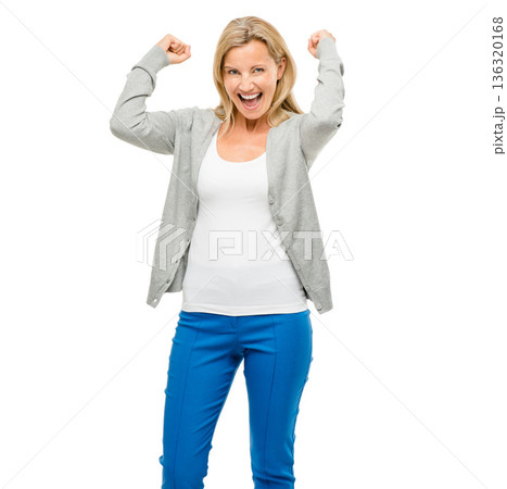 Happy, celebration and portrait of mature woman in studio excited for news, sale or promo on white background. Wow, face and lady winner smile for announcement, discount or competition prize giveaway 136320168