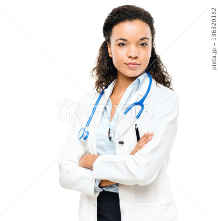 Doctor portrait, woman and arms crossed with a smile from healthcare and wellness career in studio. Young female worker, isolated and nursing with white background proud and confident from job 136320182