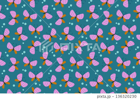 Seamless pattern with cute butterflies and dots on light background. Flat style. 136320230