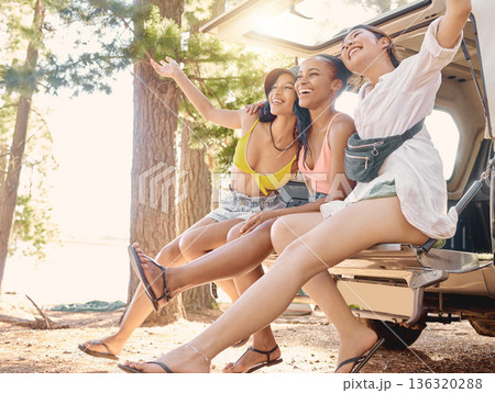 Van, camping and happy with friends in nature for bonding, summer and travel. Vacation, social and happiness with group of people laughing in forest for adventure, journey and conversation Van, camping and happy with friends in nature for bonding, summer and travel. Vacation, social and happiness with group of people laughing in forest for adventure, journey and conversation 136320288