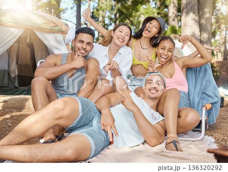 Friends, portrait and camping in the woods with adventure and diversity, happiness and people have fun together outdoor. Forest, sunshine and travel, women and men with smile and freedom in summer 136320292