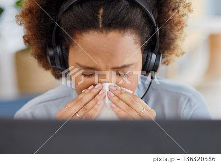 Call center, flu and sick woman blowing nose while consulting for contact us, crm or customer support. Telemarketing, cold and lady consultant with burnout, bacteria or viral infection while working Call center, flu and sick woman blowing nose while consulting for contact us, crm or customer support. Telemarketing, cold and lady consultant with burnout, bacteria or viral infection while working 136320386