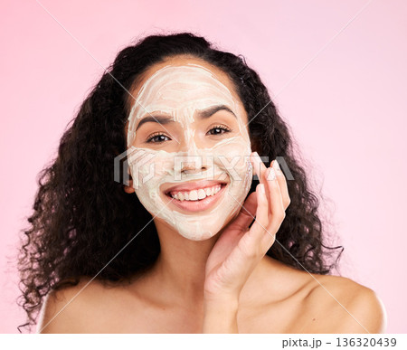 Skincare, facial and portrait of woman with smile in studio for wellness, spa treatment and detox mask. Dermatology, beauty and happy female person with cosmetics for hygiene, cleaning and face care 136320439
