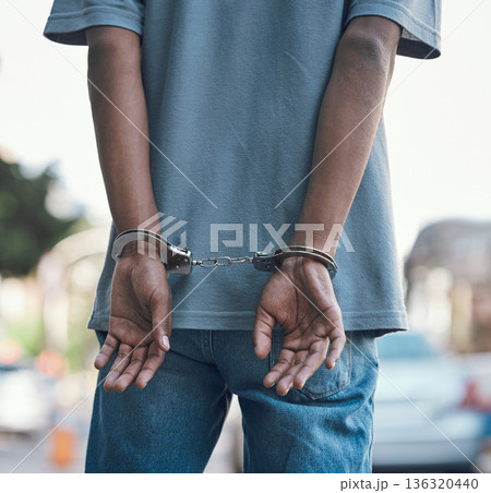 Hands, handcuffs and man criminal in city arrested for crime, corruption or justice with jail. Security, law and back of male prisoner, thief or gangster, prison or robbery, violence or murder fail 136320440