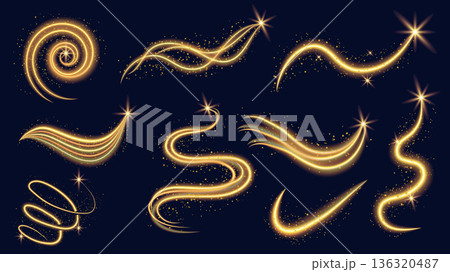 Glitter golden dust elements set design. Collection with gold glowing trails, fairy shimmer swirls, flow light spray with bright particles, shine spirals and waves flow effect. Vector illustration. Glitter golden dust elements set design. Collection with gold glowing trails, fairy shimmer swirls, flow light spray with bright particles, shine spirals and waves flow effect. Vector illustration. 136320487