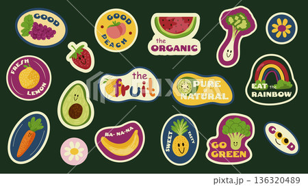 Fruit stickers elements set design. Collection with food labels for grape, peach, watermelon, broccoli, lemon, strawberry, citrus, kiwi, carrot, banana, pineapple, more stamps. Vector illustration. Fruit stickers elements set design. Collection with food labels for grape, peach, watermelon, broccoli, lemon, strawberry, citrus, kiwi, carrot, banana, pineapple, more stamps. Vector illustration. 136320489
