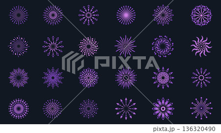 Purple flat fireworks elements set design. Collection with abstract rounded festival explosions, celebration firecracker symbols, carnival starbursts exploding, confetti stars. Vector illustration. Purple flat fireworks elements set design. Collection with abstract rounded festival explosions, celebration firecracker symbols, carnival starbursts exploding, confetti stars. Vector illustration. 136320490