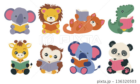 Animals reading books elements set design. Collection with cute elephant, lion, cat, dinosaur, giraffe, owl and panda holding open books, read tales or story, learning literacy. Vector illustration. 136320503
