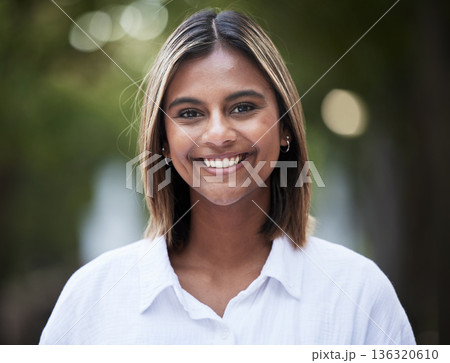 Portrait, smile and confident with a woman in nature, outdoor on a green background for travel or freedom. Face, happy and a carefree young female person standing in a park for fresh air or adventure Portrait, smile and confident with a woman in nature, outdoor on a green background for travel or freedom. Face, happy and a carefree young female person standing in a park for fresh air or adventure 136320610