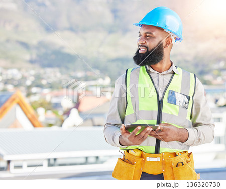 Happy black man, architect and thinking with tablet in city for construction, vision or rooftop installation. African male person, engineer or contractor with technology for building or architecture 136320730