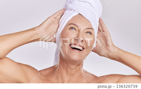 Thinking, senior or happy woman with beauty, towel or smile in studio isolated on white background. Dermatology, joy or mature lady with natural facial skincare cosmetics or glowing shine in spa Thinking, senior or happy woman with beauty, towel or smile in studio isolated on white background. Dermatology, joy or mature lady with natural facial skincare cosmetics or glowing shine in spa 136320739