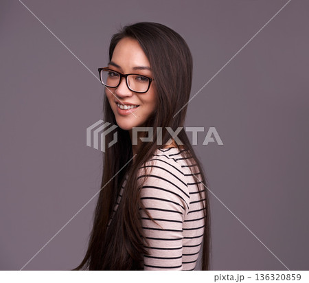 Fashion glasses, portrait and woman smile in studio isolated on a gray background mockup space. Face, nerd and female geek, person or model from Canada with trendy clothes, eyewear and casual style. Fashion glasses, portrait and woman smile in studio isolated on a gray background mockup space. Face, nerd and female geek, person or model from Canada with trendy clothes, eyewear and casual style. 136320859