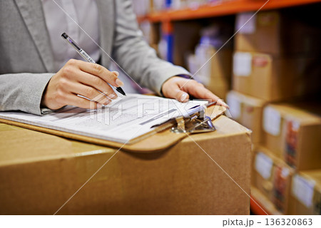 Hands, sign and clipboard with paperwork in warehouse, logistics and export with supply chain factory. Delivery, ecommerce and person sign distribution paperwork, shipping and wholesale and invoice 136320863
