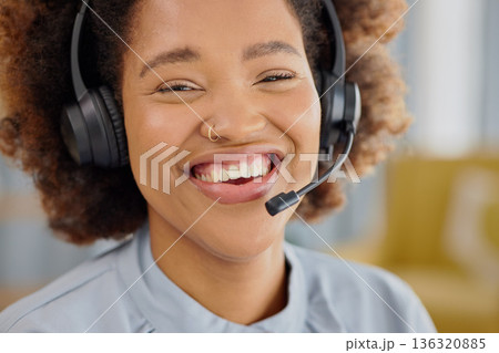 Call center, crm and portrait of happy woman at help desk office, sales and telemarketing in headset. Consulting, communication and face of virtual assistant, customer service agent or care advisor. Call center, crm and portrait of happy woman at help desk office, sales and telemarketing in headset. Consulting, communication and face of virtual assistant, customer service agent or care advisor. 136320885