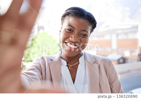 Happy black woman, selfie and city for photograph, memory or online outdoor vlog. Face portrait of African female person or employee smile in happiness for urban travel, photo or social media picture Happy black woman, selfie and city for photograph, memory or online outdoor vlog. Face portrait of African female person or employee smile in happiness for urban travel, photo or social media picture 136320890