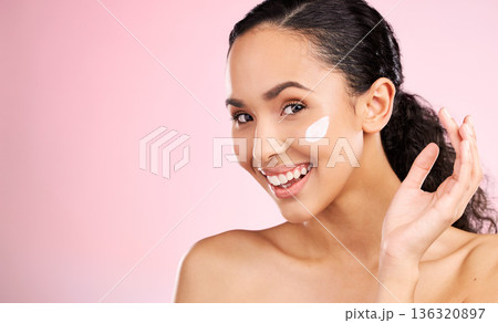Skincare mockup, cream and portrait of woman in studio for wellness, spa treatment and cleaning. Dermatology, beauty and face of happy female person with cosmetics, moisturizer and anti aging lotion 136320897