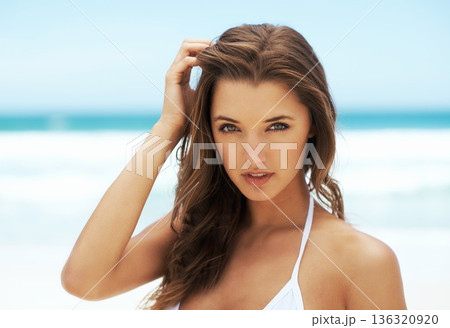 Portrait, beach and woman with a bikini, holiday and confident girl with joy, tropical island and journey. Face, female person or lady in swimwear, seaside vacation and adventure with freedom or sexy Portrait, beach and woman with a bikini, holiday and confident girl with joy, tropical island and journey. Face, female person or lady in swimwear, seaside vacation and adventure with freedom or sexy 136320920