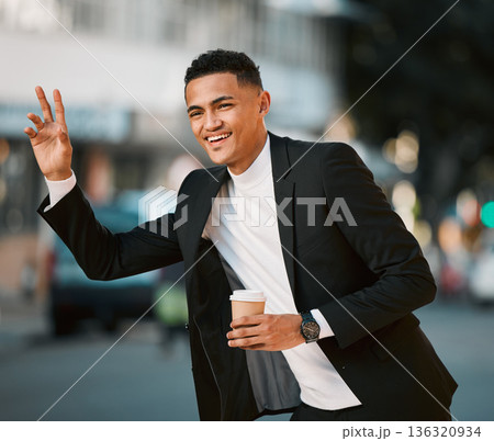 Business man, wave and taxi in street, traffic and city for transport, travel and coffee in legal career. Corporate lawyer, happy and outdoor on sidewalk to stop bus, chauffeur and car in metro road 136320934