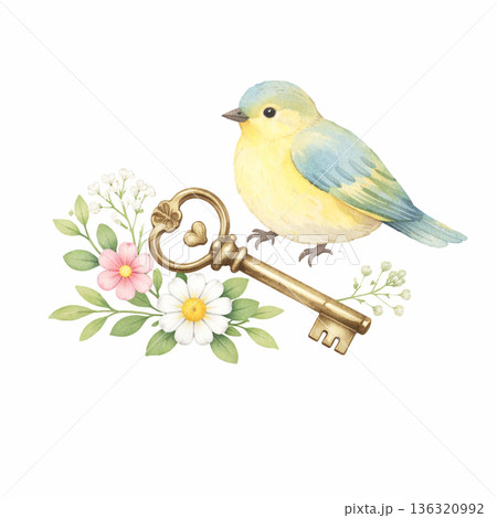 水彩風 小鳥とアンティークキー 花の装飾 切り抜きイラスト素材 水彩風 小鳥とアンティークキー 花の装飾 切り抜きイラスト素材 136320992