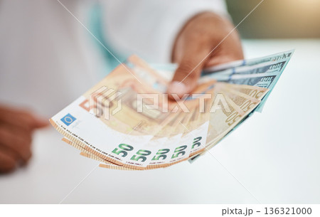 Hands of person, money fan and cash of finance, banking and trading exchange of financial freedom. Closeup of rich investor, profit and income of bonus economy, savings and wealth of accounting bills 136321000