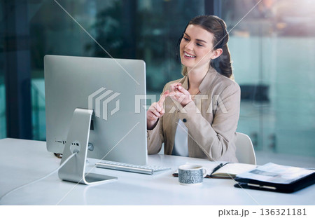 Call center, computer or happy woman in telecom, CRM or telemarketing office for customer services. Pc monitor, smile or friendly female sales agent in IT or tech support help desk for consulting Call center, computer or happy woman in telecom, CRM or telemarketing office for customer services. Pc monitor, smile or friendly female sales agent in IT or tech support help desk for consulting 136321181