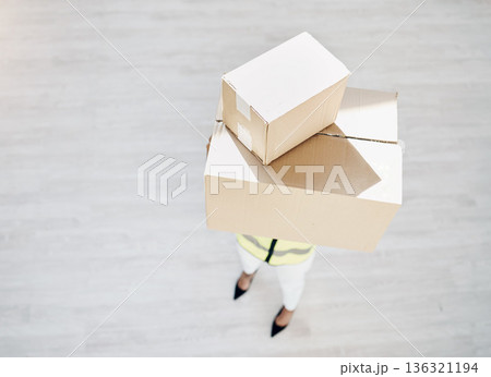 Delivery, courier person and boxes or package from above for logistics, cargo or shipping industry. A worker or employee with cardboard box or parcel from supply chain for distribution service mockup Delivery, courier person and boxes or package from above for logistics, cargo or shipping industry. A worker or employee with cardboard box or parcel from supply chain for distribution service mockup 136321194