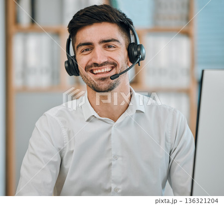 Consultant, happy man and portrait of agent in call center for customer service, lead generation or CRM support. Face of salesman with microphone for telemarketing, telecom advisory or FAQ questions 136321204