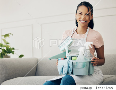 Woman, cleaning tools and smile in portrait, chemical spray and hygiene with household maintenance product. Happy female cleaner, janitor supplies in basket and clean house, service and detergent Woman, cleaning tools and smile in portrait, chemical spray and hygiene with household maintenance product. Happy female cleaner, janitor supplies in basket and clean house, service and detergent 136321209