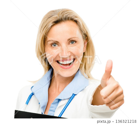 Happy woman, portrait and doctor with thumbs up for good job isolated on a white studio background. Female person, medical or healthcare professional with thumb emoji, yes sign or like for approval 136321218