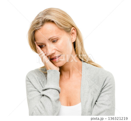 Stress, thinking and mature woman in studio with anxiety, worry and mental health crisis against white background. Depression, fear and scared female confused with mistake, headache or disaster fail 136321219