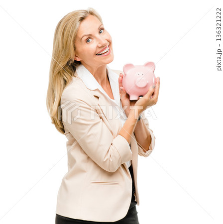 Happy woman, portrait and piggy bank for money investment, savings or loan isolated on a white studio background. Excited female person and piggybank for coins, budget finance or cash on mockup space 136321222