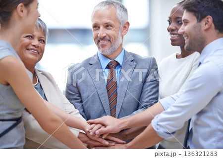 Group, business people and hands together for teamwork, cooperation and solidarity. Collaboration, smile and community huddle of employees for support, trust and motivation for goal in partnership. 136321283