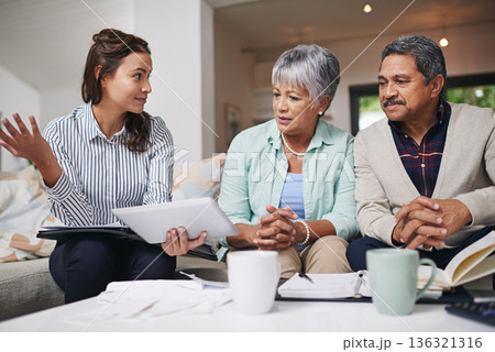 Tablet, senior people and financial advisor for questions, asset management, retirement and finance advice. Old couple, woman and home meeting, digital information with pension, budget and investment 136321316