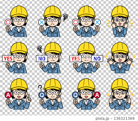 一組插圖，描繪了一位戴著頭盔的中年女工頭。 136321369