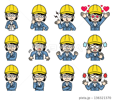 ヘルメットをかぶった現場監督の中年女性イラストセット ヘルメットをかぶった現場監督の中年女性イラストセット 136321370