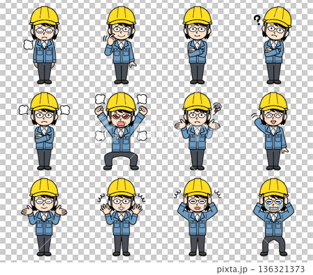 一組插圖，描繪了一位戴著頭盔的中年女工頭。 136321373