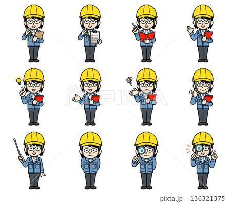 ヘルメットをかぶった現場監督の中年女性イラストセット 136321375