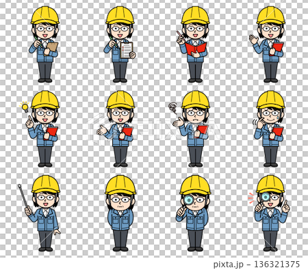 ヘルメットをかぶった現場監督の中年女性イラストセット 136321375
