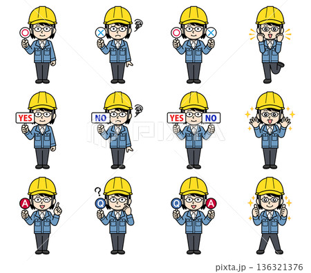 ヘルメットをかぶった現場監督の中年女性イラストセット 136321376