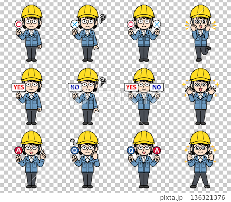 一組插圖，描繪了一位戴著頭盔的中年女工頭。 136321376