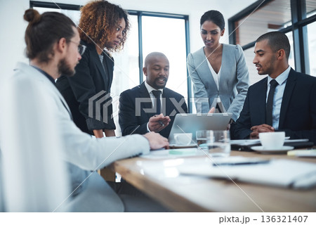 Discussion, planning and business people with computer in office for ideas, marketing strategy and collaboration. Corporate, teamwork and men and women working on report, group project and proposal Discussion, planning and business people with computer in office for ideas, marketing strategy and collaboration. Corporate, teamwork and men and women working on report, group project and proposal 136321407