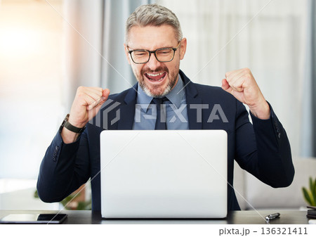 Excited business man, laptop and celebration with fist, bonus or profit with investment on stock market. Mature entrepreneur, broker or winner for goal, achievement or success in gambling on internet Excited business man, laptop and celebration with fist, bonus or profit with investment on stock market. Mature entrepreneur, broker or winner for goal, achievement or success in gambling on internet 136321411