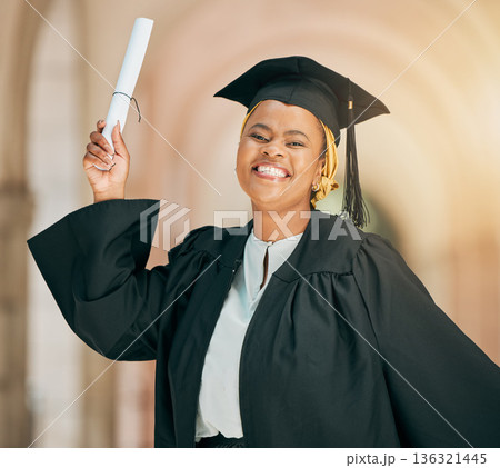 College student, graduation certificate or black woman excited, smile or celebrate school, university education or diploma. Milestone, congratulations or African portrait person with learning success College student, graduation certificate or black woman excited, smile or celebrate school, university education or diploma. Milestone, congratulations or African portrait person with learning success 136321445