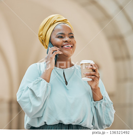 Phone call, city and business black woman with coffee for contact, network and connection in town. Travel, corporate worker and female person on smartphone for talking, conversation and communication 136321492