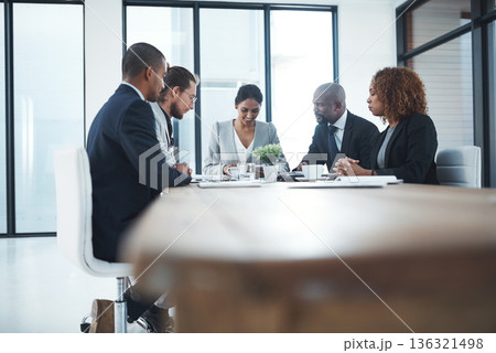 Team, manager and group in a meeting, planning or talking with new project, support or collaboration. Business people, staff or coworkers with ideas, deadline or goals with partnership or negotiation 136321498