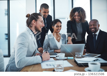 Business people, teamwork and staff with a laptop, meeting and success with profit growth, planning and project. Staff, men and women with a pc, budget or investment with cooperation or collaboration 136321506