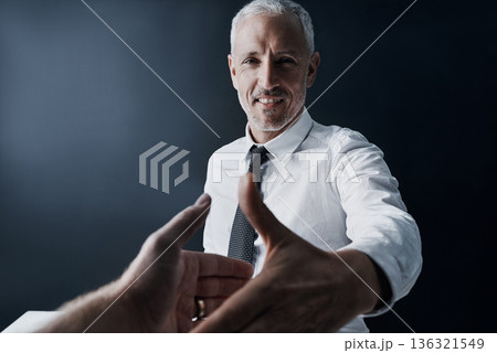 Senior business man, handshake and portrait with smile for welcome, respect or onboarding at office. Ceo, human resources manager or kindness for hiring, opportunity or b2b partnership for contract Senior business man, handshake and portrait with smile for welcome, respect or onboarding at office. Ceo, human resources manager or kindness for hiring, opportunity or b2b partnership for contract 136321549